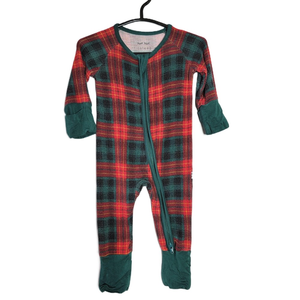 Little Sleepies Newborn Plaid Footed Pajamas‎ Bamboo Blend Red Green Zippy Xmas